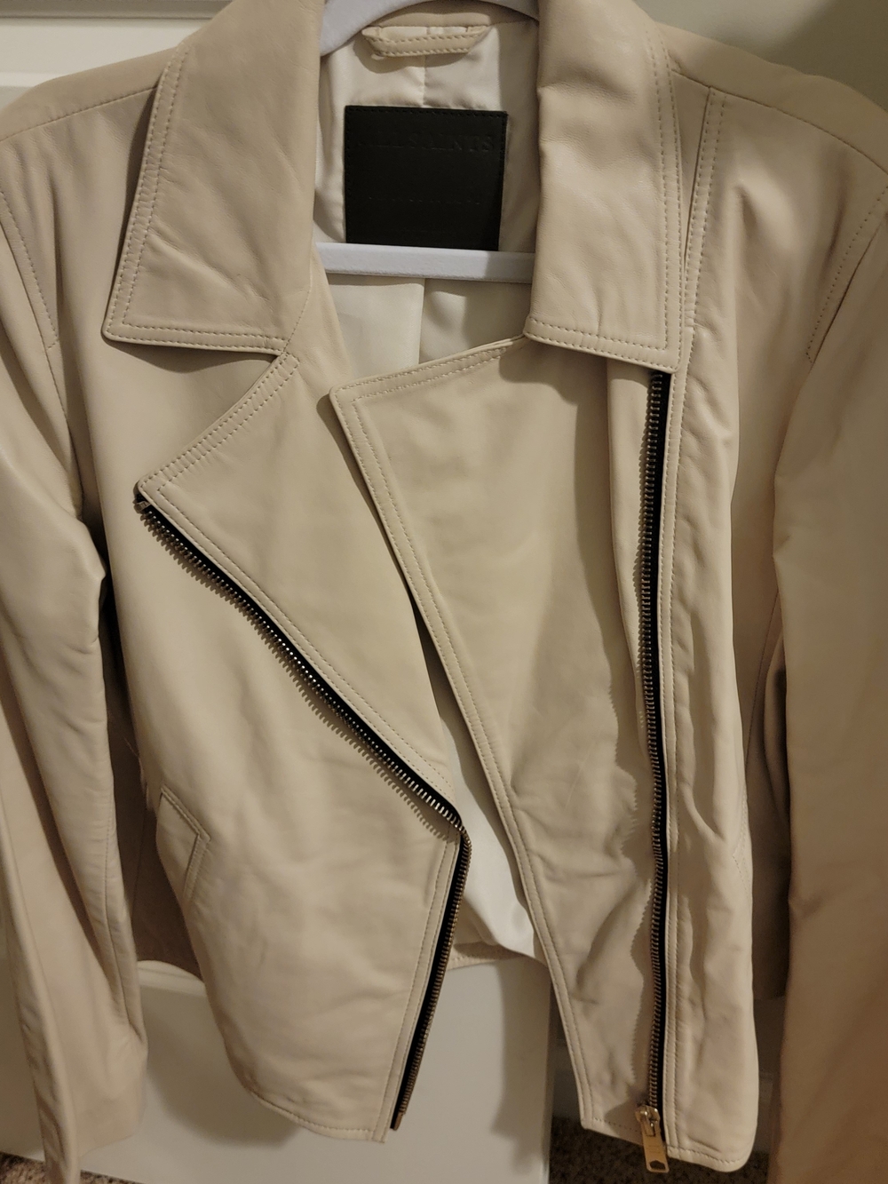 AllSaints Cream Leather Biker Jacket with Asymmetric Zip Size 8 Gold Hardware